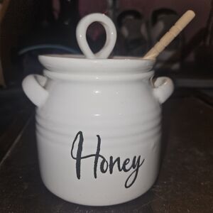 White Ceramic Honey Jar with Lid and Dipper